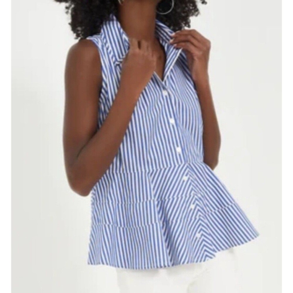 Tuckernuck Pomander Place White Stripe Sleeveless Peplum Button Up Blouse Top XL